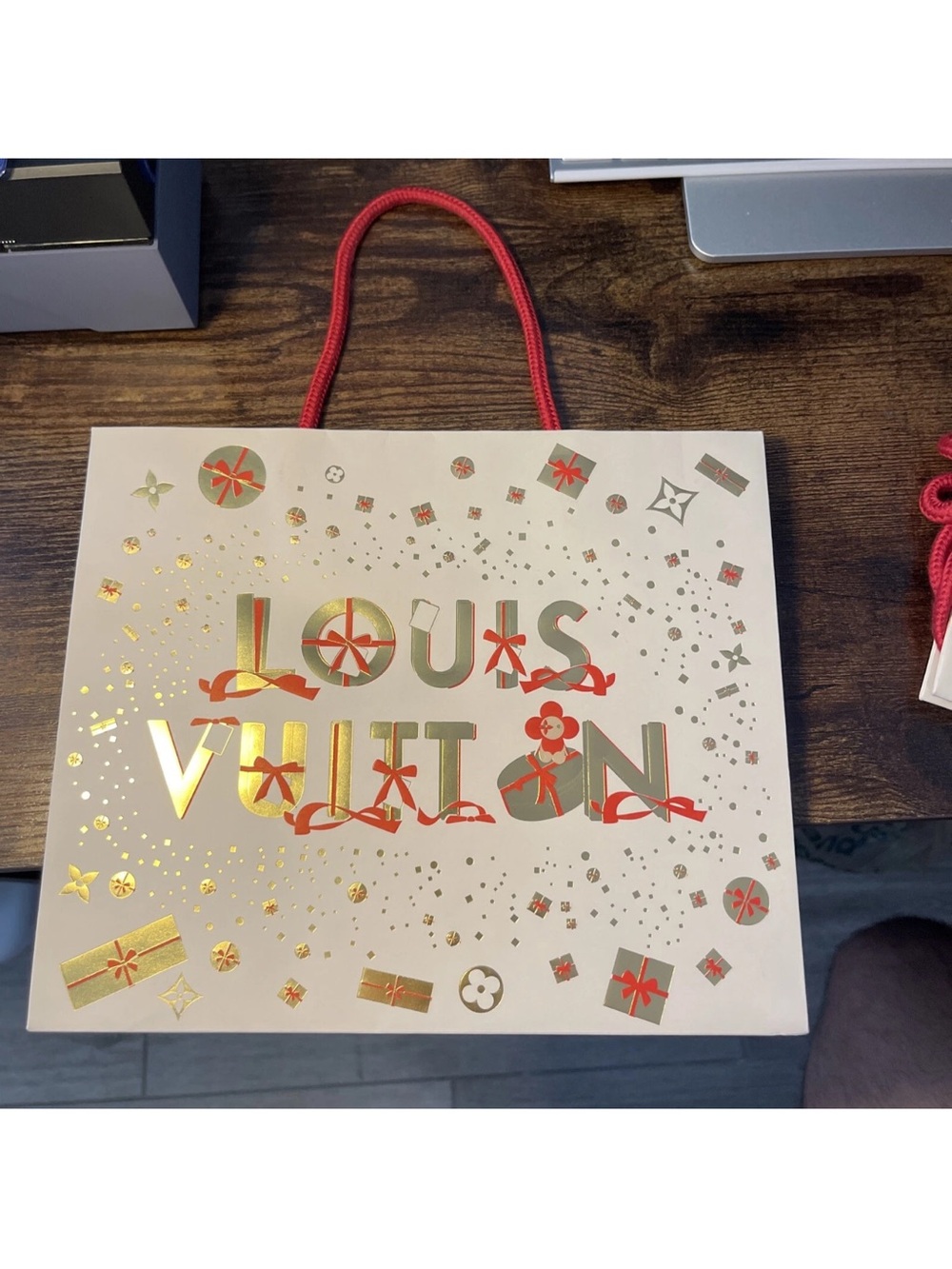 Louis Vuitton Gold Foil Logo Gift Bag with Red Accents 15.5” x 13.2” x 6.2”